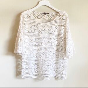 Anthropologie Blue Tassel Crochet Top White Sleeves Size S